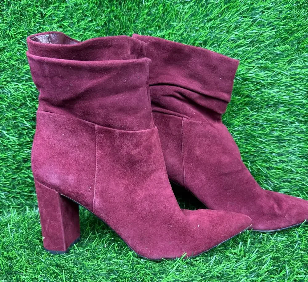Marc Fisher Women 8M Burgundy Suede Leather Slouch Pointed Toe Block Heel Bootie